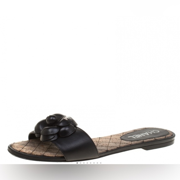 Chanel Black Leather Camellia Embellished CC Flat Sandals - Picture 1 of 6